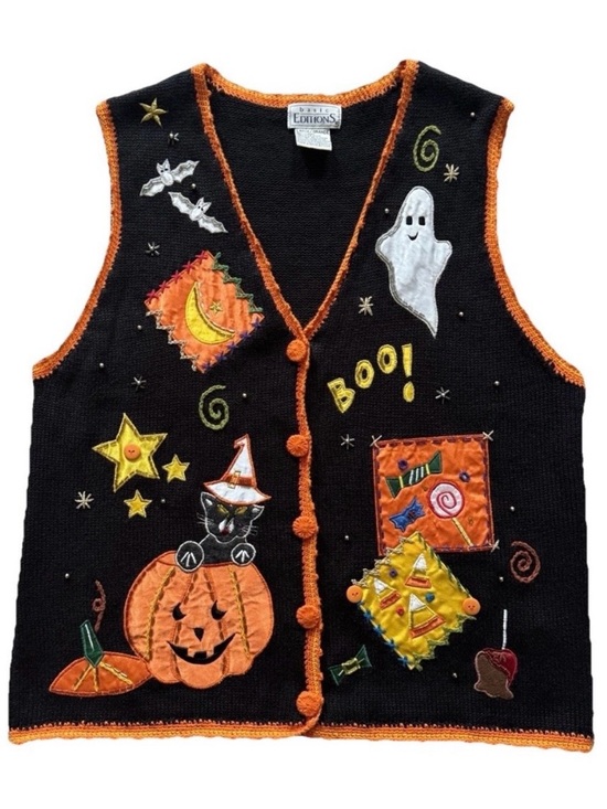 Basic Editions Sweaters - Vintage Halloween Sweater Vest Cat Pumpkin Ghost Applique Black Button Front L